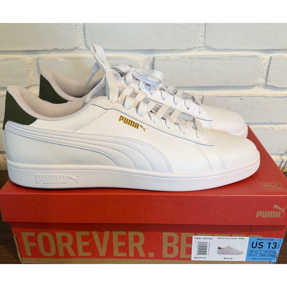 NWT Puma Ace Court Shoe Mens 13 White Dark Green Gold Sneakers Tennis Retro Low